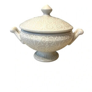 Bombay Company Double Handled Covered Dish W/ White On White Raised Slip Design